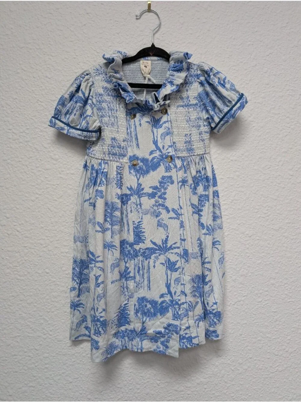 Kate Quinn Bamboo Blue Jungle Print Smocked Roo Dress 3T Design Sample